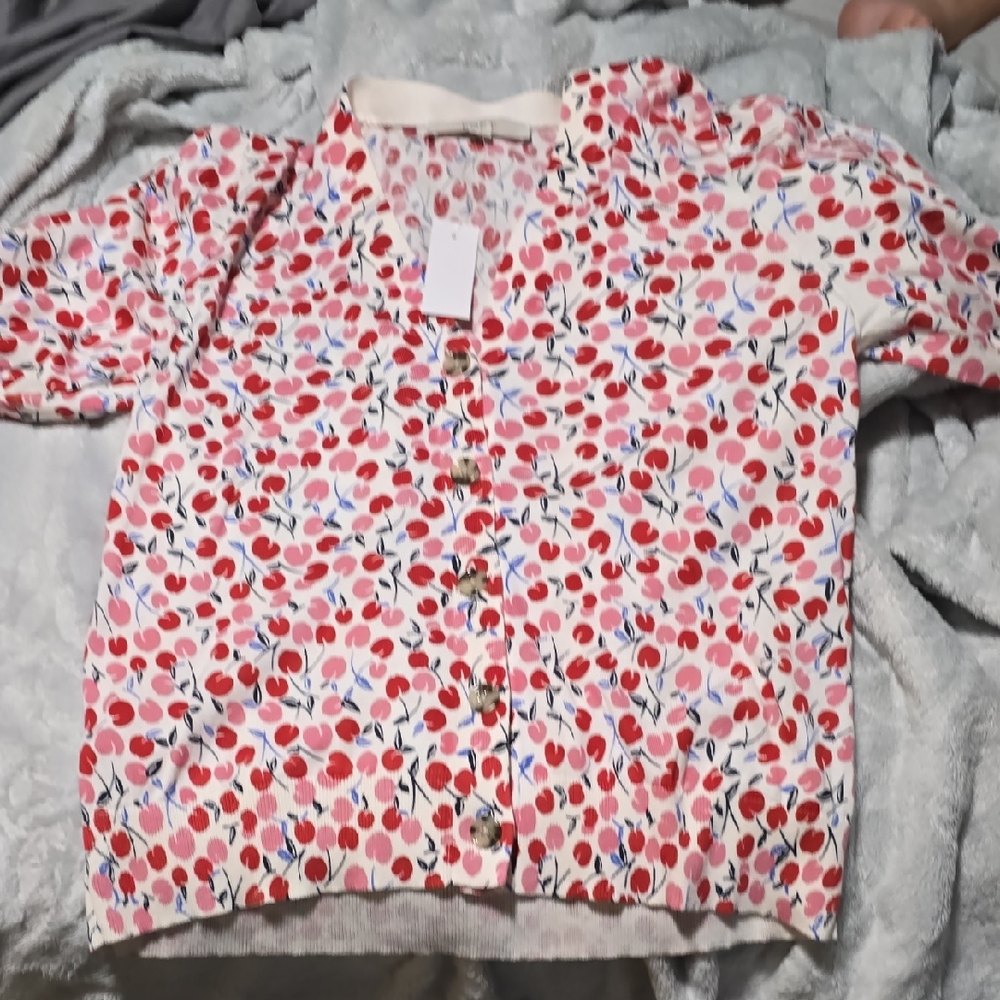 LOFT Red and Pink Floral Button Down Shirt